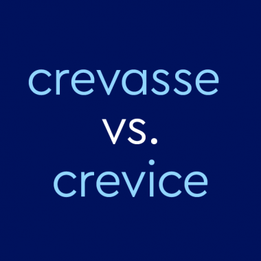 light blue text on dark blue background: "crevasse vs. crevice"