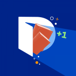 Dictionary.com logo with books emerging from it, on blue background.