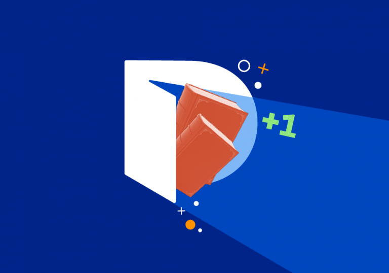 Dictionary.com logo with books emerging from it, on blue background.