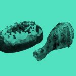 teal filtered image of a baked potato with sour cream, bacon bits, and chives, and a chicken drumstick, on a light teal background.