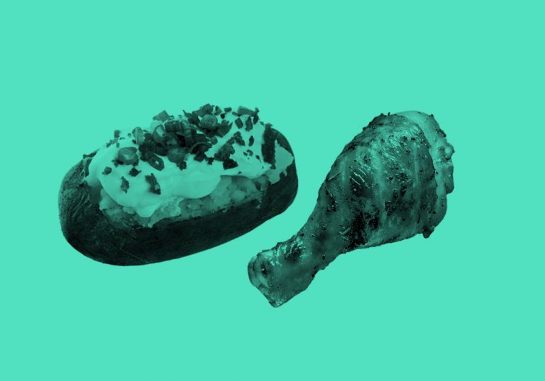 teal filtered image of a baked potato with sour cream, bacon bits, and chives, and a chicken drumstick, on a light teal background.