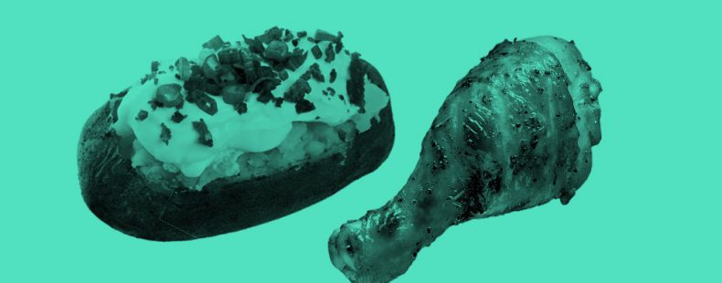 teal filtered image of a baked potato with sour cream, bacon bits, and chives, and a chicken drumstick, on a light teal background.