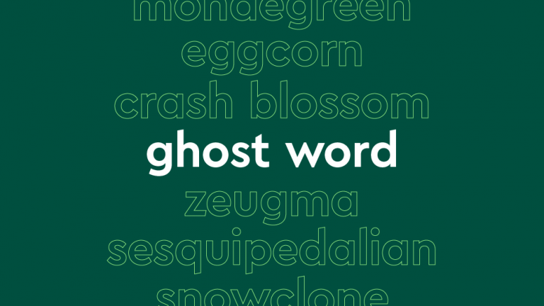 List of words in white outline, with central word in bold white font, on dark green background: “mondegreen, eggcorn, crash blossom, ghost word, zeugma, sesquipedalian, snowclone”