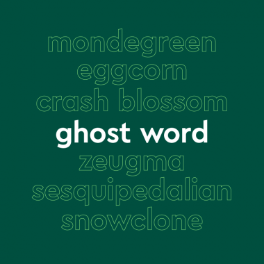 List of words in white outline, with central word in bold white font, on dark green background: “mondegreen, eggcorn, crash blossom, ghost word, zeugma, sesquipedalian, snowclone”
