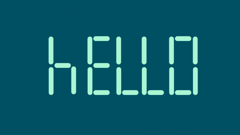 light teal text written in calculator number font on dark teal background: "hello"