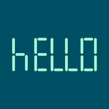 light teal text written in calculator number font on dark teal background: "hello"