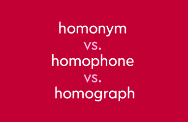 white and pink text on red background: "homonym vs. homophone vs. homograph"