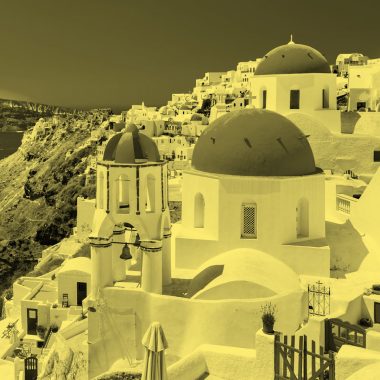 Photo of Santorini island, Greece. Yellow filter.