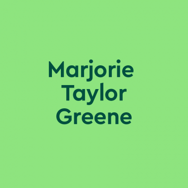 dark green text on bright green background "Marjorie Taylor Greene"