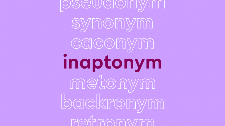 List of words in white outline, with central word in bold purple font, on lilac background: “pseudonym, synonym, caconym, inaptonym [in bold], metonym, backronym, retronym"
