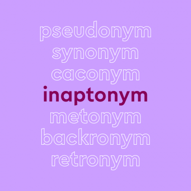 List of words in white outline, with central word in bold purple font, on lilac background: “pseudonym, synonym, caconym, inaptonym [in bold], metonym, backronym, retronym"