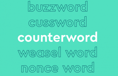 List of words in outlined font, with central word in bold white font, on lilac background: “Janus word, buzzword, cussword, counterword [in bold], weasel word, nonce word, codeword"