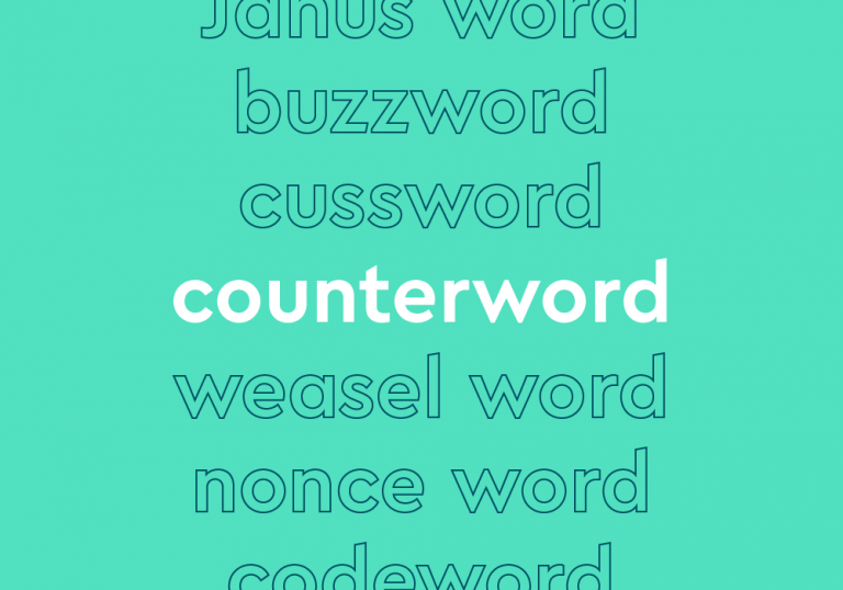 List of words in outlined font, with central word in bold white font, on lilac background: “Janus word, buzzword, cussword, counterword [in bold], weasel word, nonce word, codeword"