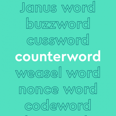 List of words in outlined font, with central word in bold white font, on lilac background: “Janus word, buzzword, cussword, counterword [in bold], weasel word, nonce word, codeword"