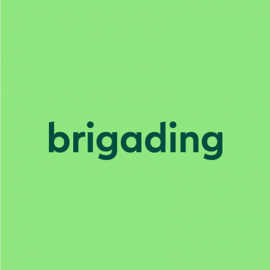 dark green text "brigading" on bright green background