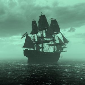 teal filtered image of pirate ship