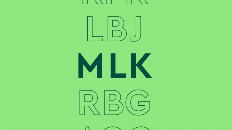 list of initials of US political figures on green background:" RFK, LBJ, MLK, RBG, AOC"
