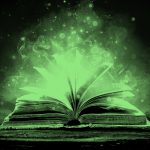 spell book with magical aura around it, green filter.