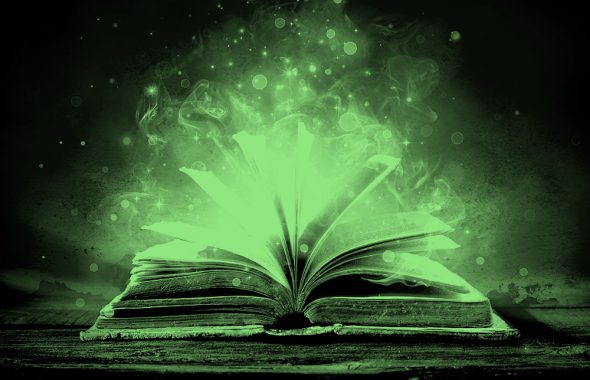 spell book with magical aura around it, green filter.