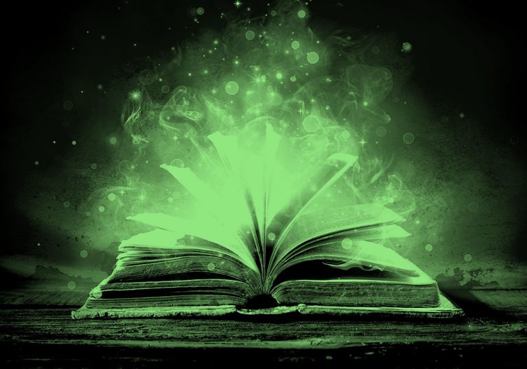 spell book with magical aura around it, green filter.