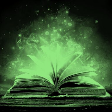 spell book with magical aura around it, green filter.