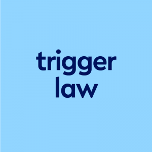 dark blue text trigger law on light blue background