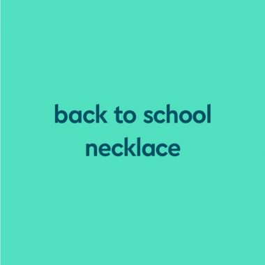blue text "back to school necklace" on aqua background