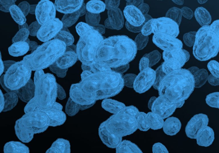 virus under microscope; blue filter