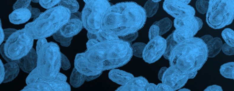 virus under microscope; blue filter