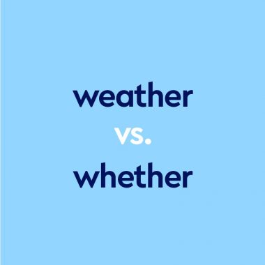 dark blue text "weather vs whether" on light blue background