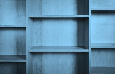 empty bookshelf, blue filter.