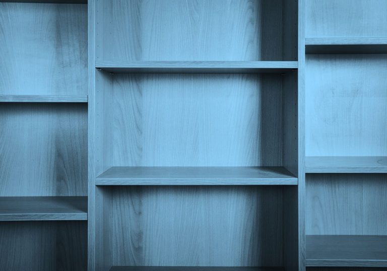 empty bookshelf, blue filter.
