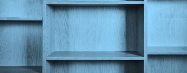 empty bookshelf, blue filter.