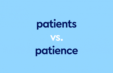dark blue text "patients vs patience" on light blue background
