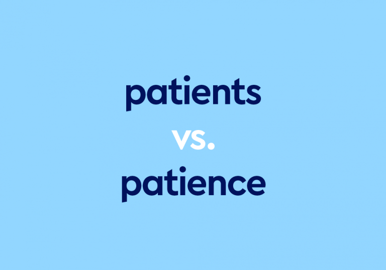 dark blue text "patients vs patience" on light blue background