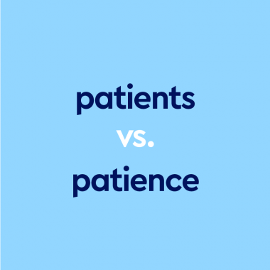 dark blue text "patients vs patience" on light blue background