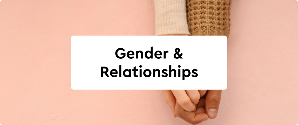 tex: "gender & relationships" overlaid on an image of two holding hands.