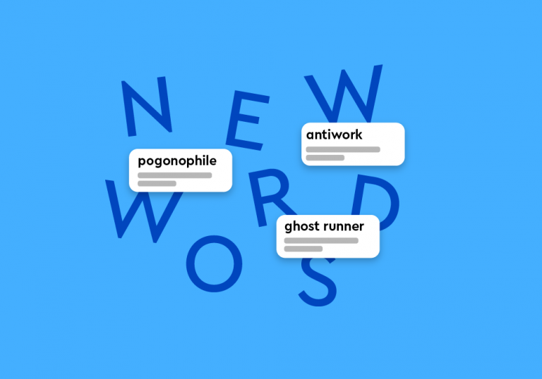 Jumbled Letters: New Words" with definitions for pogonophile, ghost runner, and antiwork