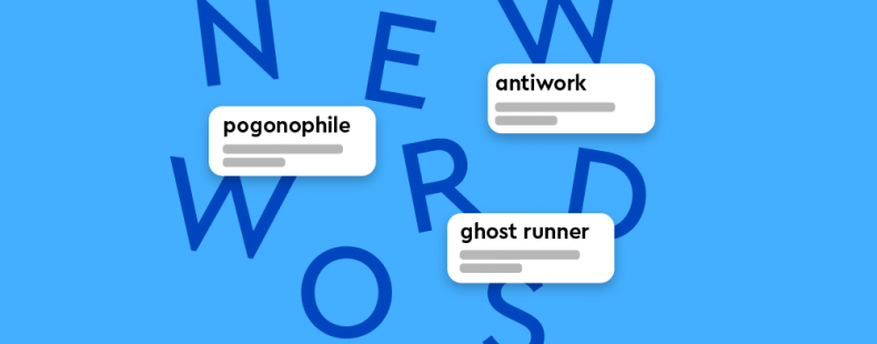 Jumbled Letters: New Words" with definitions for pogonophile, ghost runner, and antiwork