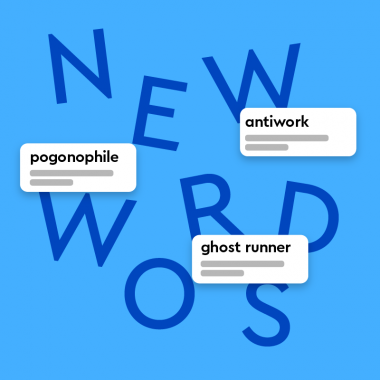 Jumbled Letters: New Words" with definitions for pogonophile, ghost runner, and antiwork