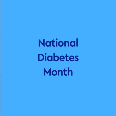 dark blue text "National Diabetes Month" on blue background