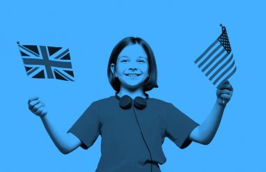 girl with British and American flag, blue filter