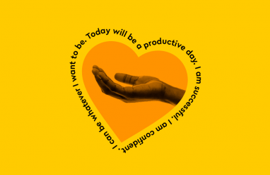 stretched out hand on heart shape background with words of affirmation