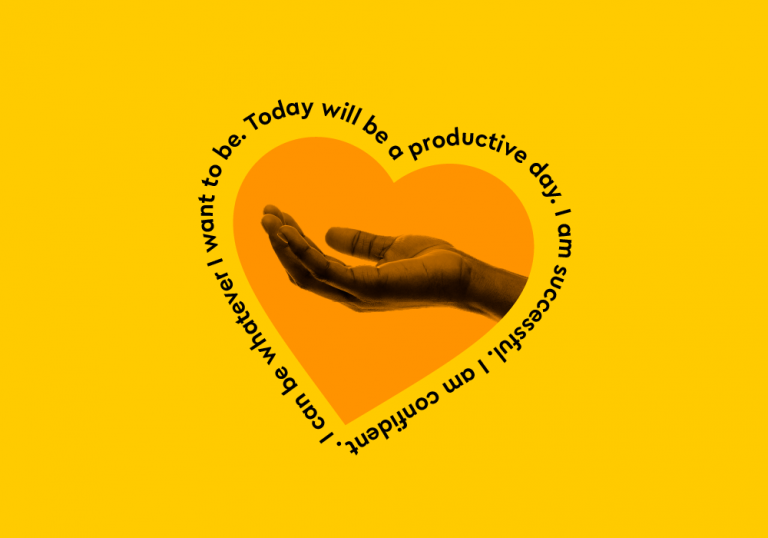 stretched out hand on heart shape background with words of affirmation