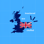 dark blue map of the UK with flag on light blue background