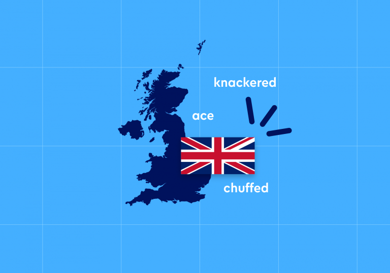 dark blue map of the UK with flag on light blue background