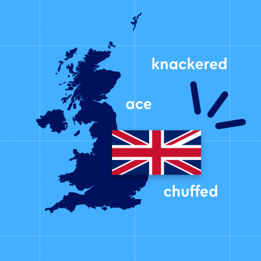 dark blue map of the UK with flag on light blue background