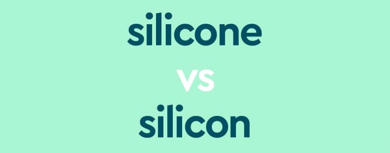 dark aqua text "silicone vs silicon" on light aqua background