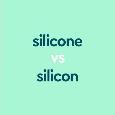 dark aqua text "silicone vs silicon" on light aqua background