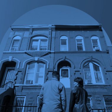 couple in front of house blue filter